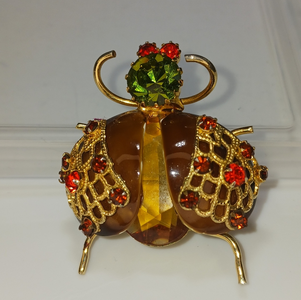 Vintage Insect Beetle Bug Rhinestone Brooch Pin Glass - Picture 14 of 16